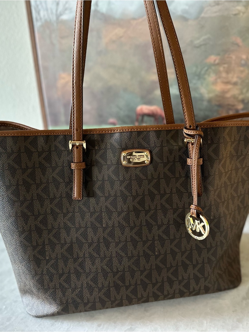Michael Kors Brown MK Signature Tote with Gold Charm